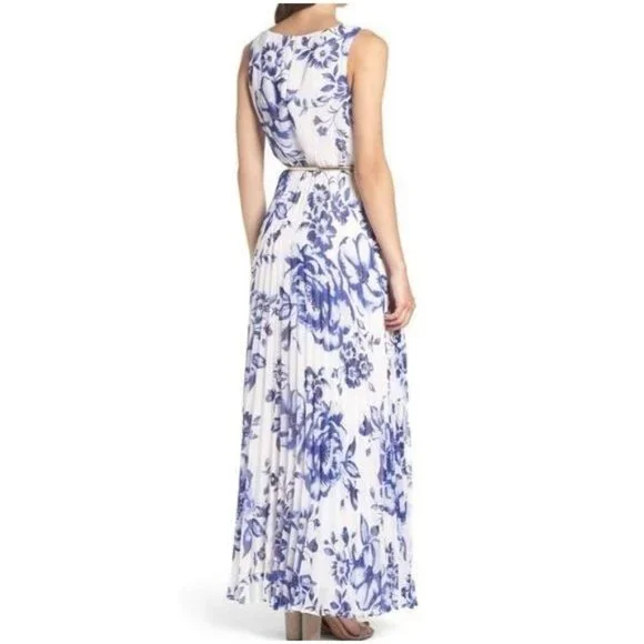 NWT Eliza J Pleated Floral Sleeveless Chiffon Belted Maxi Dress Cobalt Blue 18 - Picture 2 of 11